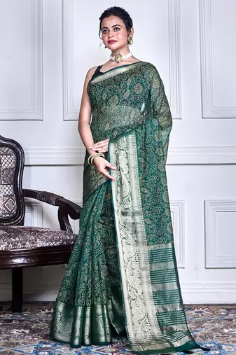 Green script printed orzanga saree