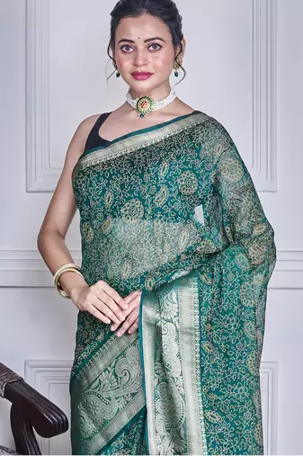 Green script printed orzanga saree