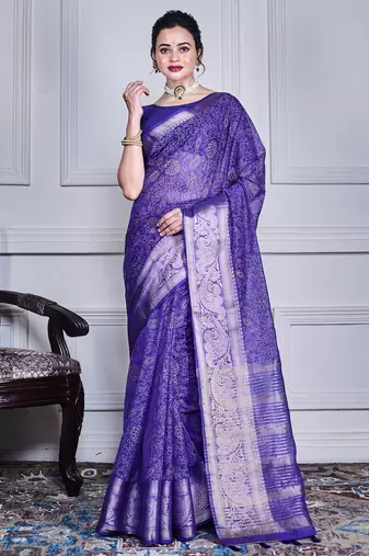 Blue script printed orzanga saree