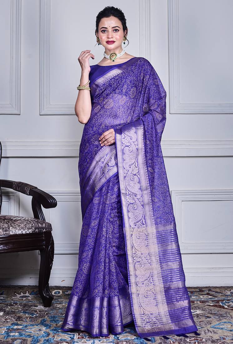 Blue script printed orzanga saree
