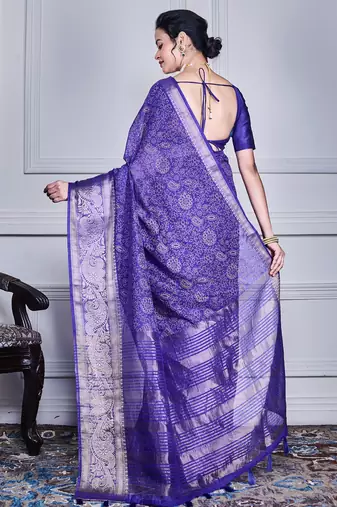Blue script printed orzanga saree