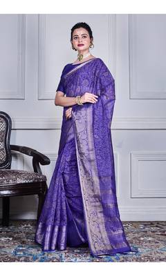 Blue script printed orzanga saree 3