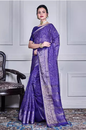 Blue script printed orzanga saree