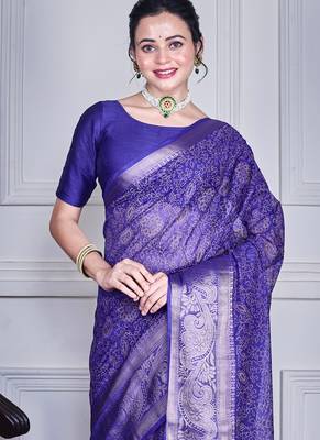 Blue script printed orzanga saree 4