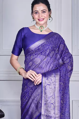 Blue script printed orzanga saree