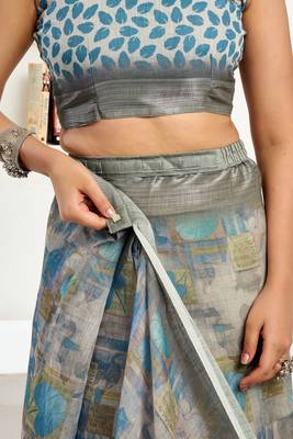 Grey printed linen pre draped  saree with blouse 5