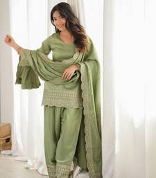 Olive green embroidered glass roman silk farshi shalwar suit set with dupatta