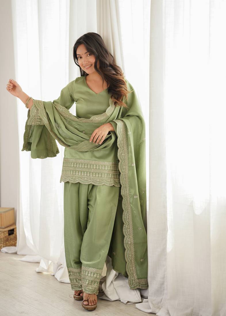 Olive green embroidered glass roman silk farshi shalwar suit set with dupatta