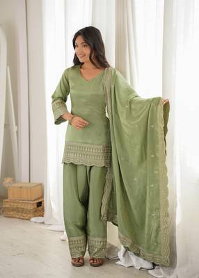 Olive green embroidered glass roman silk farshi shalwar suit set with dupatta 3