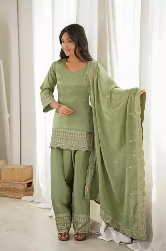 Olive green embroidered glass roman silk farshi shalwar suit set with dupatta