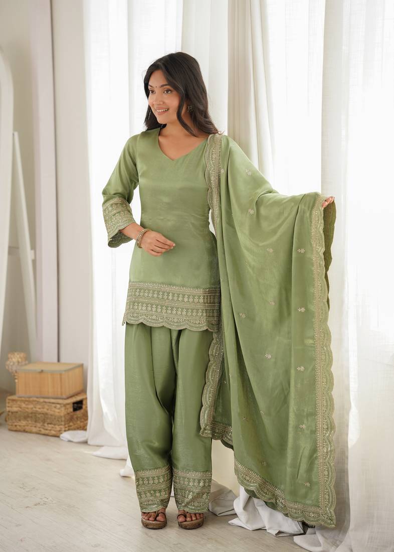 Olive green embroidered glass roman silk farshi shalwar suit set with dupatta
