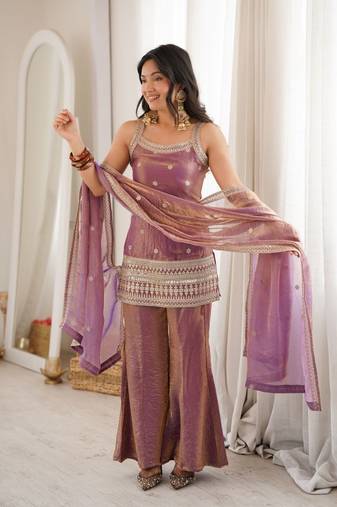 Dusty mauve sequence dori zari embroidered frendy silk kurta with bell bottom pant and dupatta