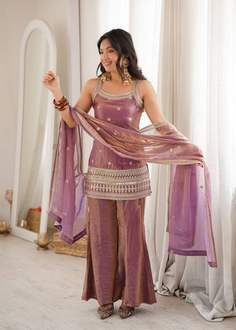 Dusty mauve sequence dori zari embroidered frendy silk kurta with bell bottom pant and dupatta