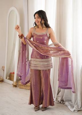 Dusty mauve sequence dori zari embroidered frendy silk kurta with bell bottom pant and dupatta 1