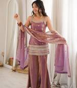 Dusty mauve sequence dori zari embroidered frendy silk kurta with bell bottom pant and dupatta