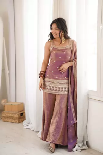 Dusty mauve sequence dori zari embroidered frendy silk kurta with bell bottom pant and dupatta