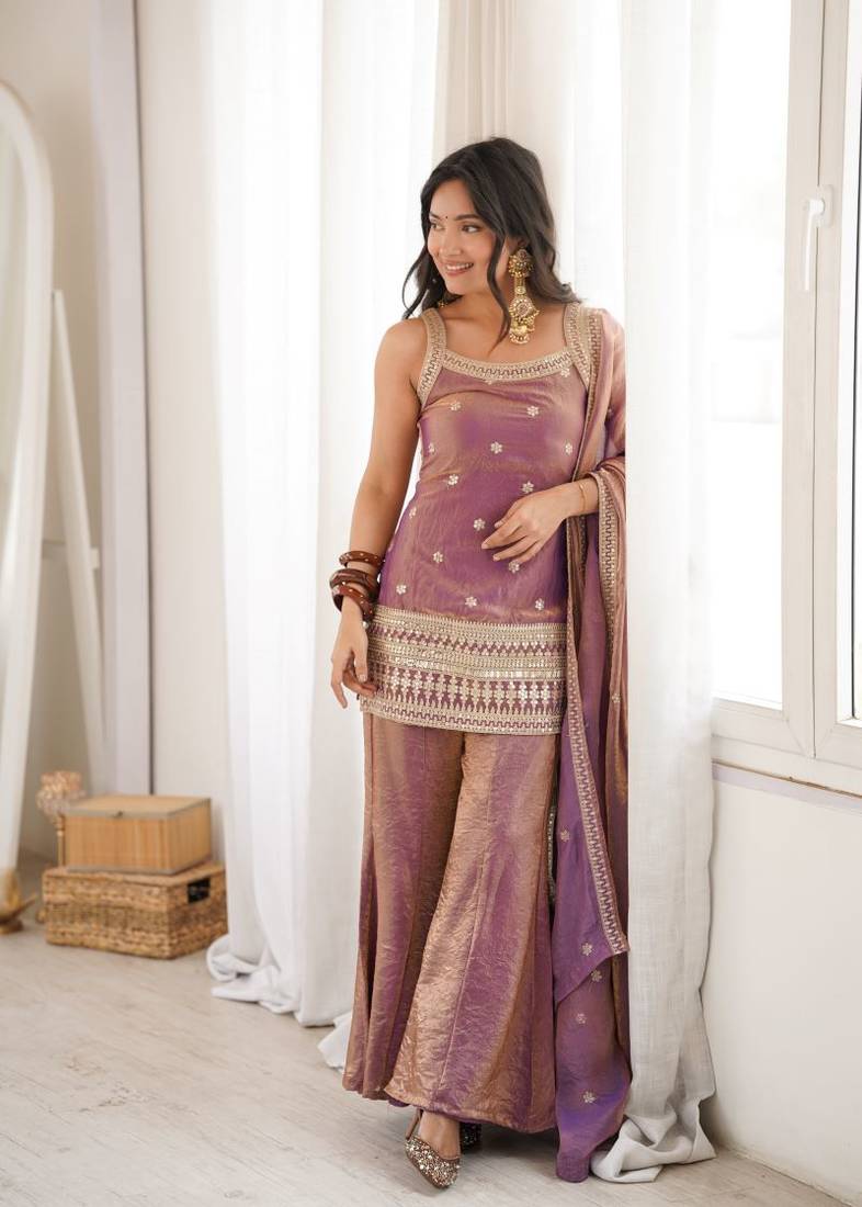 Dusty mauve sequence dori zari embroidered frendy silk kurta with bell bottom pant and dupatta