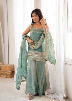 Sea green sequence dori zari embroidered frendy silk kurta with bell bottom pant and dupatta 1