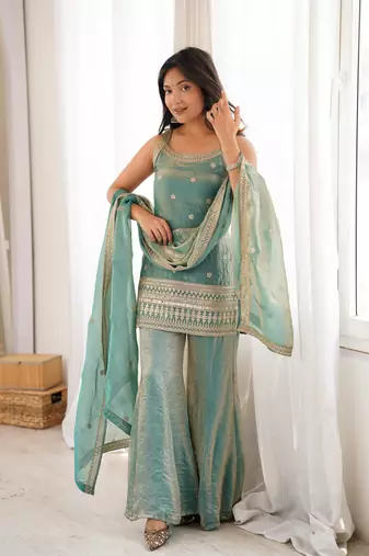 Sea green sequence dori zari embroidered frendy silk kurta with bell bottom pant and dupatta