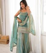 Sea green sequence dori zari embroidered frendy silk kurta with bell bottom pant and dupatta