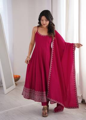 rani pink embroidered pure roman silk chanderi anarkali suit set with dupatta 1