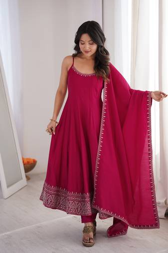 rani pink embroidered pure roman silk chanderi anarkali suit set with dupatta