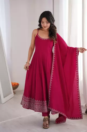 rani pink embroidered pure roman silk chanderi anarkali suit set with dupatta