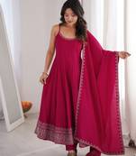 rani pink embroidered pure roman silk chanderi anarkali suit set with dupatta