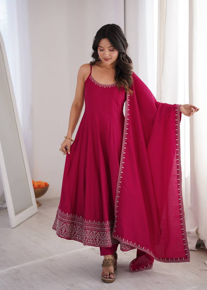 rani pink embroidered pure roman silk chanderi anarkali suit set with dupatta