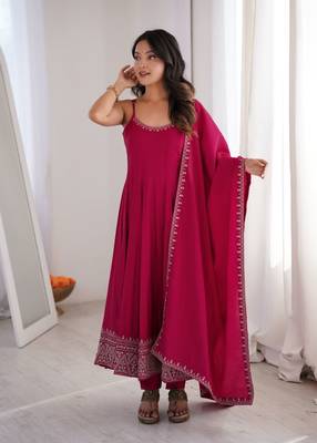 rani pink embroidered pure roman silk chanderi anarkali suit set with dupatta 2