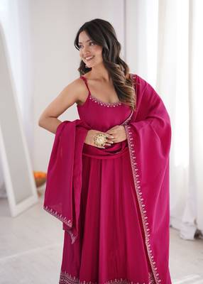 rani pink embroidered pure roman silk chanderi anarkali suit set with dupatta 4