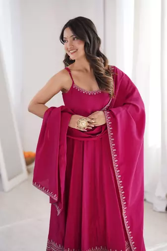 rani pink embroidered pure roman silk chanderi anarkali suit set with dupatta