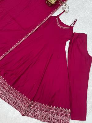 rani pink embroidered pure roman silk chanderi anarkali suit set with dupatta 5