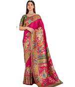 Magenta position print with zari weaving saree with contrast blouse piece