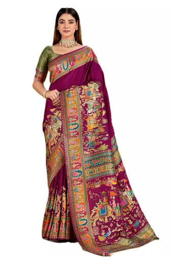 Purple position print with zari weaving saree with contrast blouse piece