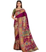 Purple position print with zari weaving saree with contrast blouse piece
