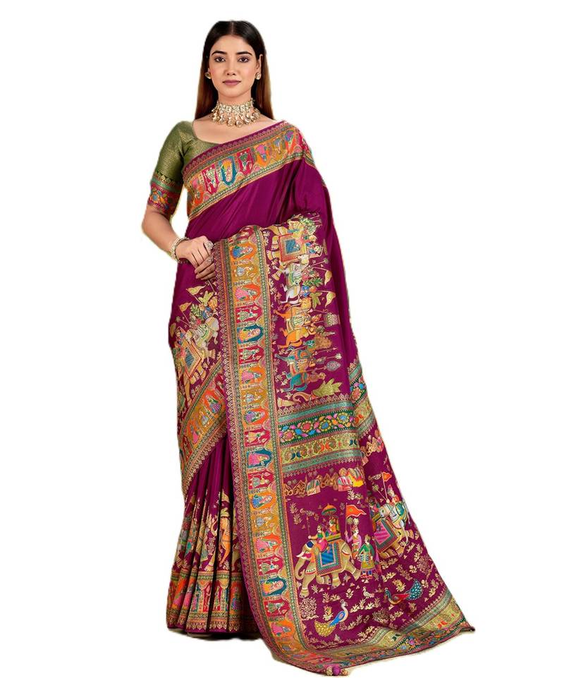 Purple position print with zari weaving saree with contrast blouse piece