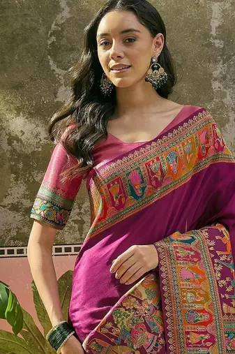 Purple position print with zari weaving saree with contrast blouse piece
