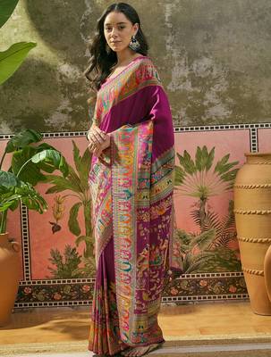 Purple position print with zari weaving saree with contrast blouse piece 3