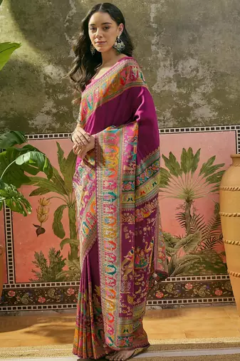 Purple position print with zari weaving saree with contrast blouse piece