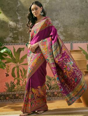 Purple position print with zari weaving saree with contrast blouse piece 4