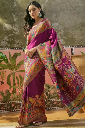 Purple position print with zari weaving saree with contrast blouse piece