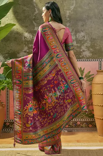 Purple position print with zari weaving saree with contrast blouse piece