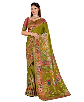 Green position print with zari weaving saree with contrast blouse piece 1