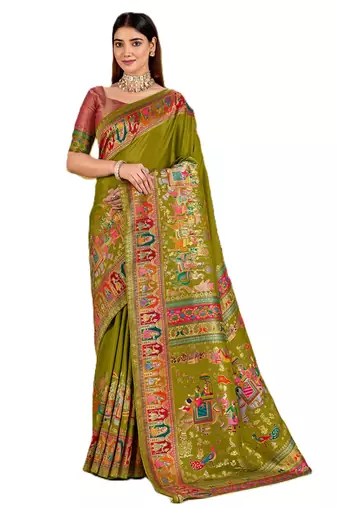Green position print with zari weaving saree with contrast blouse piece
