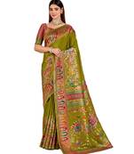 Green position print with zari weaving saree with contrast blouse piece