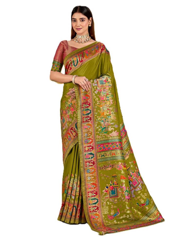 Green position print with zari weaving saree with contrast blouse piece