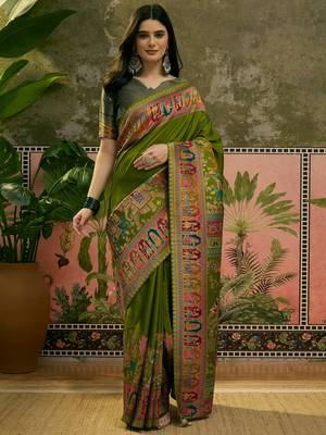 Green position print with zari weaving saree with contrast blouse piece 2