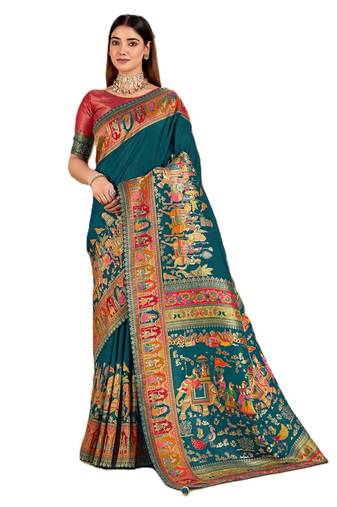 Blue position print with zari weaving saree with contrast blouse piece