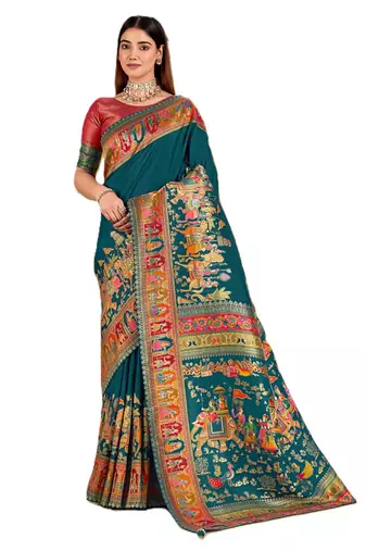 Blue position print with zari weaving saree with contrast blouse piece